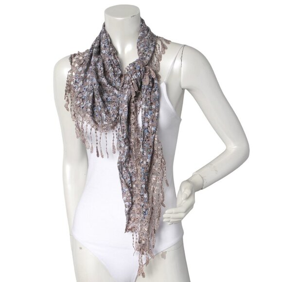 Ditsy Floral Tassel Scarf Shawl Boho Wrap Taupe Blue White - Picture 4 of 6